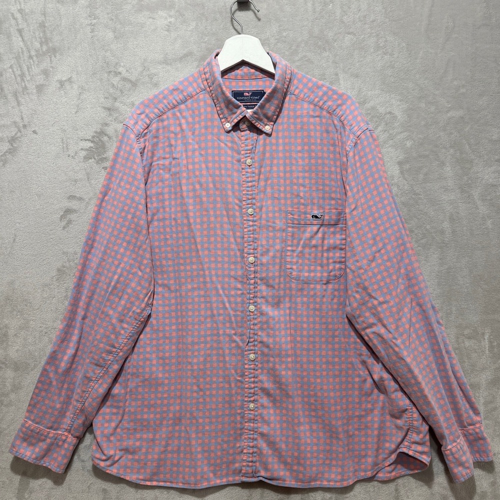 Vineyard Vines Classic Fit Tucker Shirt XL Orange Blue Gingham Linen Blend